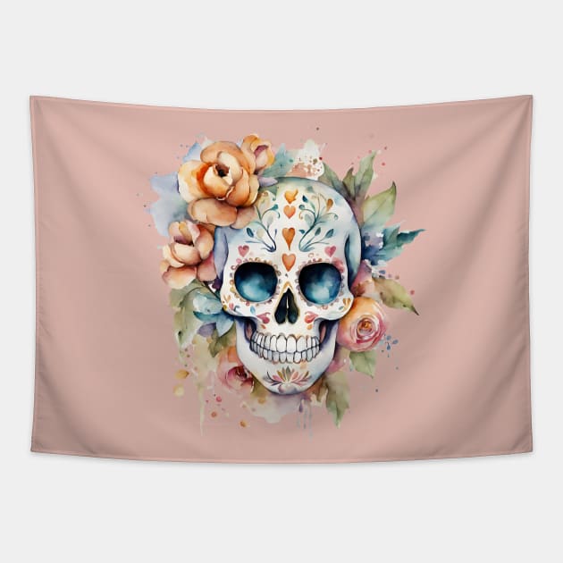 Flower Skull Watercolor Tapestry by SOS@ddicted