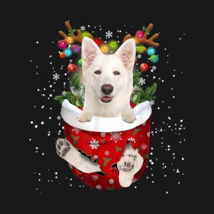 White German Shepherd Reindeer In Pocket Christmas T-Shirt