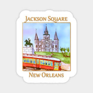 St. Louis Cathedral, and street car as seen in Jackson Square New Orleans Magnet