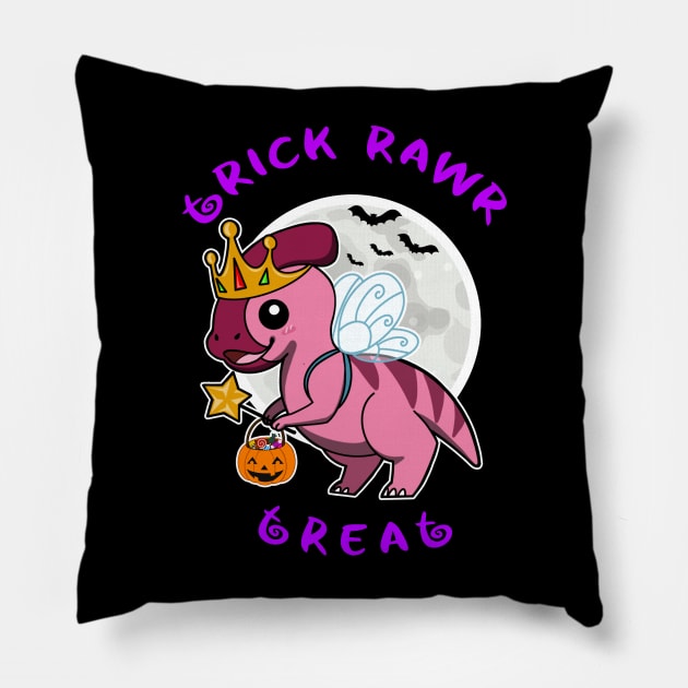 Trick Rawr Treat | Halloween Dinosaur costume cute Parasaurolophus Fairy kawaii design Pillow by JustJoshDesigns