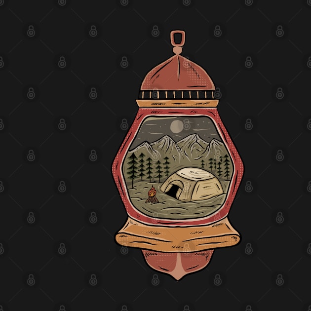 Camping outdoor with lantern illustration by Headskull