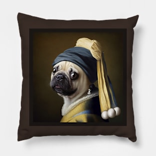 Pug with pearl earring Pillow