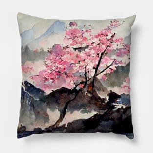 A landmark in a forest of sakura Pillow