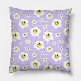 Vintage groovy retro purple flower pattern Pillow