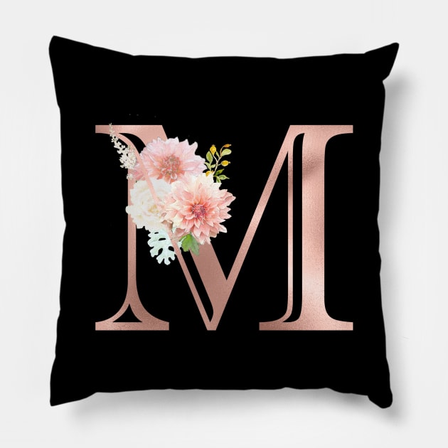 Letter M Rose Gold Monogram Blush Pink Flowers Pillow by ColorFlowCreations