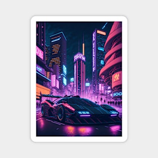 Dark Neon City Sports Car Magnet