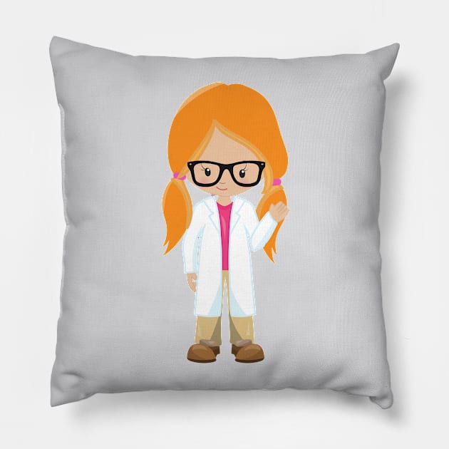 Science Girl, Scientist, Cute Girl, Orange Hair Pillow by Jelena Dunčević