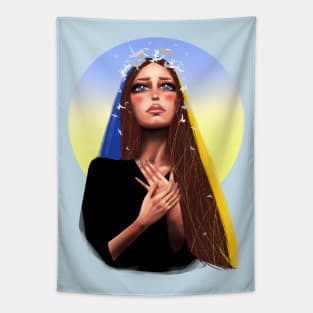 Ukrainian young emotional girl with Ukrainian symbols Tapestry