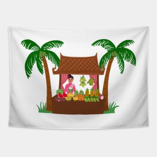 Asian street food vendor selling tropical fruit. Graphic illustration. Tapestry