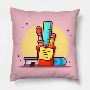 Stationery with Ruler, Pencil, Pen and Book Cartoon Vector Icon Illustration (2) Pillow