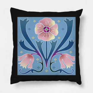 Pattern of pink Art Nouveau flowers on a light blue background Pillow