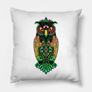 fluorescent luminicent psychodelic owl in pattern wisdom of wonders ecopop wallpaper art tribal zendoodle of flowers Pillow