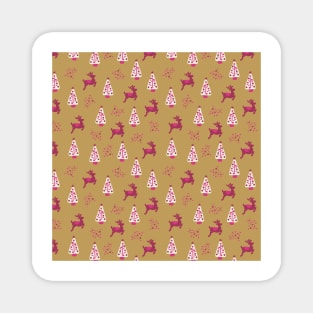 Pink reindeer and Christmas trees on gold Magnet