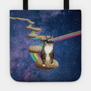 Cute tabby cat in space shooting rainbows from the sunglasses Tote