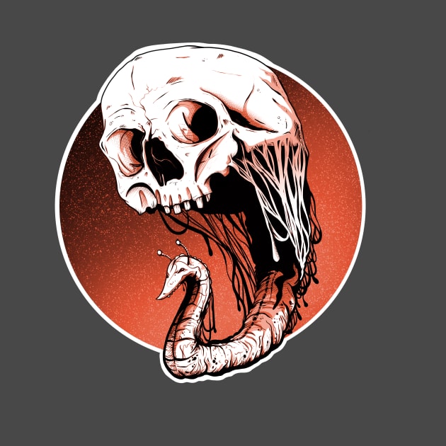 Skull Stalker - A Dark Macabre Skull Alien Brain Eating Retro SciFi Design by One Dark Day Arts