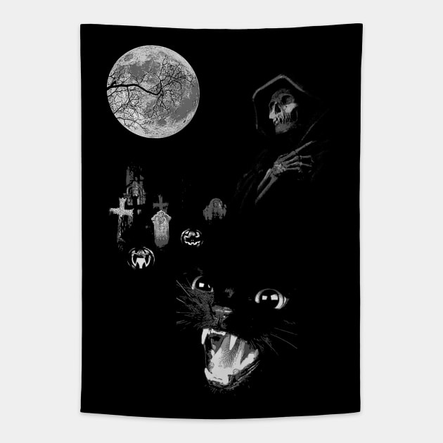 Spooky Moon Halloween Cemetery with Black Cat, Tombstones and Grim Reaper Tapestry by Occult Designs