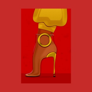 Golden and transparent high heel shoe on red T-Shirt