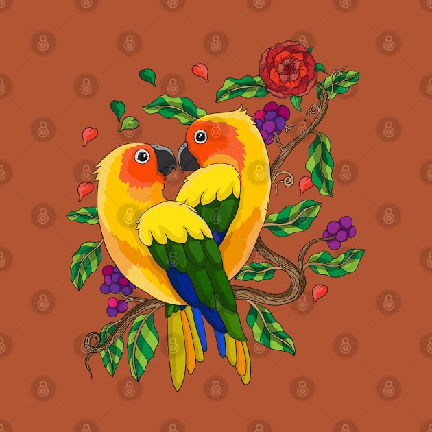 Perched parrot valentine hand drawn by Mako Design 