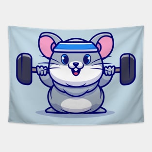 Cute Mouse Lifting Barbell Cartoon Tapestry