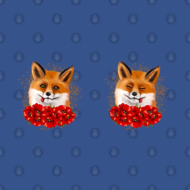 Cute fox face with red poppies by Galinka Kro