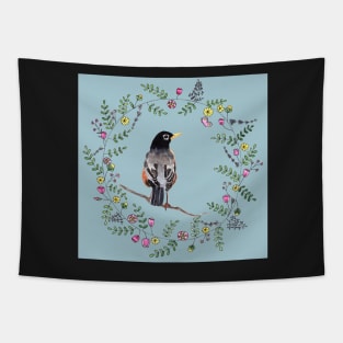 American Robin with Flower Wreath and blue background Tapestry