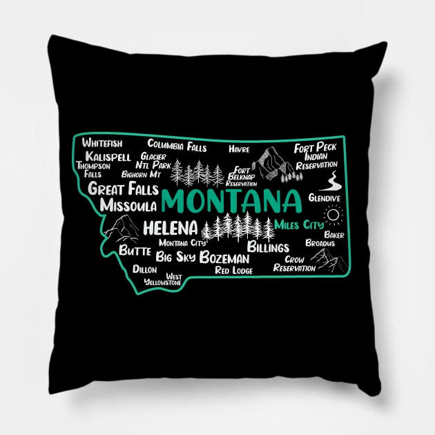 Cute map of Miles City Montana, Helena, Missoula, Great Falls, Bozemian, Billings, Kalispell, Big Sky Pillow by BoogieCreates