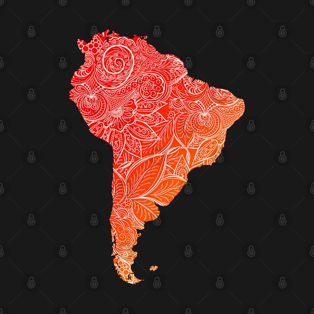 Colorful mandala art map of South America with text in blue and violet Colorful mandala art map of South America with text in red and orange by Happy Citizen