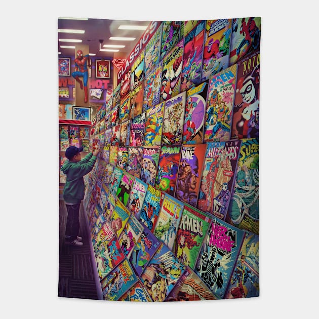 The Comic Book Store Tapestry by Rachid Lotf