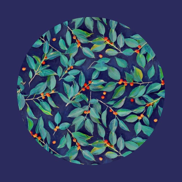 Leaves + Berries in Navy Blue, Teal & Tangerine by micklyn