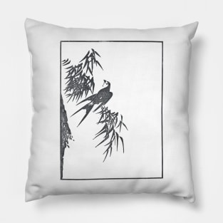 Retro Vintage, Swallow And Willow Tree, Japanese Aesthetic, Black Pillow