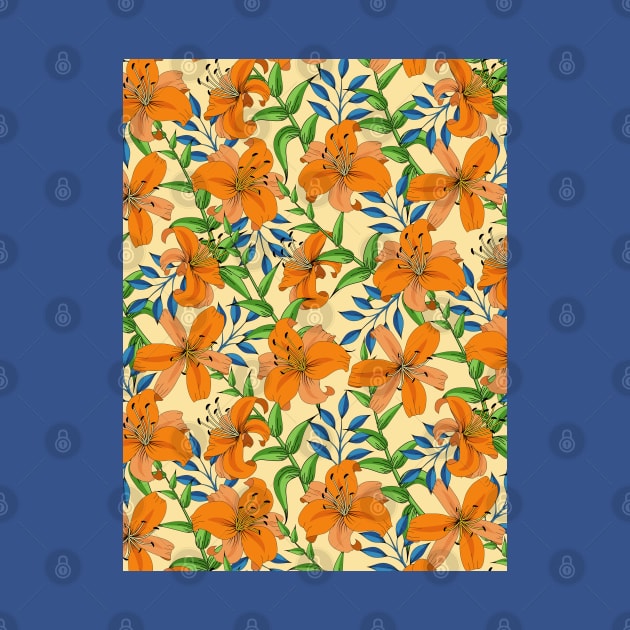 Lily Flower Pattern On Orange by Designoholic