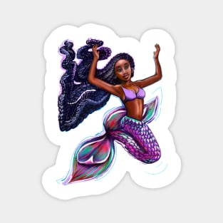 mermaid with flowing braids 4, brown eyes curly Afro hair and caramel brown skin. Black mermaid Magnet