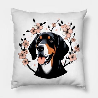 Black and Tan Coonhound Enjoys Spring Cherry Blossoms Pillow