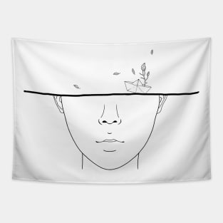 face line art and paper boat in the sea Tapestry