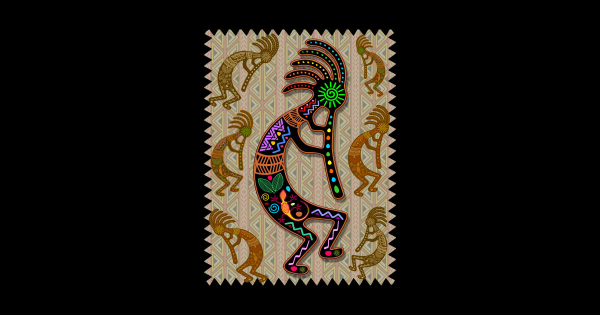 Kokopelli Rainbow Colors on Tribal Pattern 2 Kokopelli TShirt