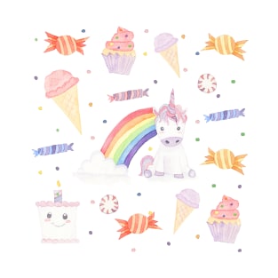 Kawaii Unicorn + Rainbow + Candy T-Shirt