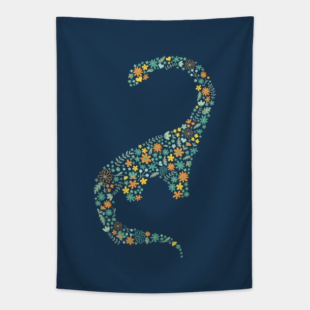 Floral Brontosaurus in Orange + Teal Tapestry by latheandquill