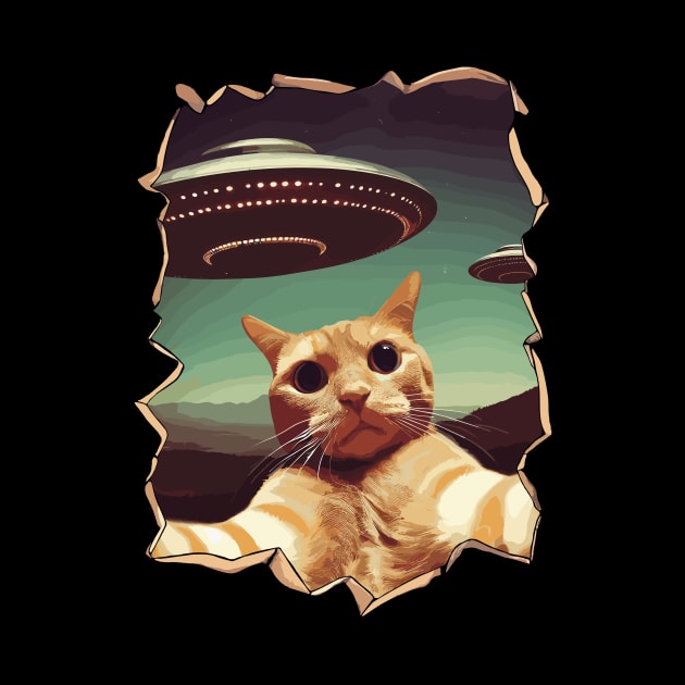 Cut Out Cat In Space Funny Cat Selfie With UFOs Behind by KromADesign