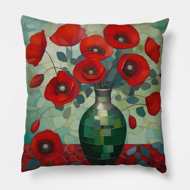 Red Poppies and Eucalyptus Leaves in a Geometric Green Vase Pillow by bragova