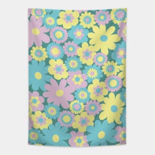 80s pastel retro flowers, pastel pink, pastel green, pastel yellow, lilac, 60s retro pattern, groovy florals Tapestry