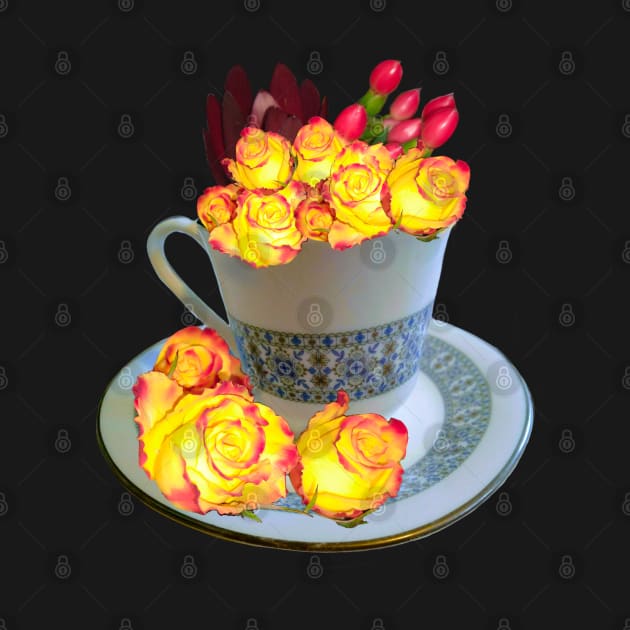 Flowers Neon roses dark - floral bouquet in fine china tea cup with saucer,  yellow roses with red tips by Artonmytee