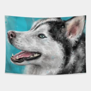 Adorable Siberian Husky Painting Smiling on Blue background Tapestry