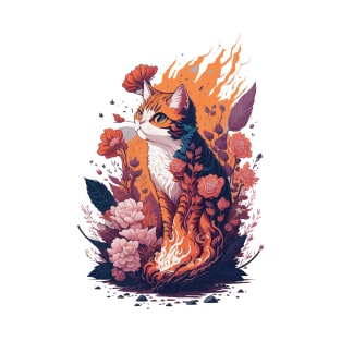 Cat in fire and flowers T-Shirt