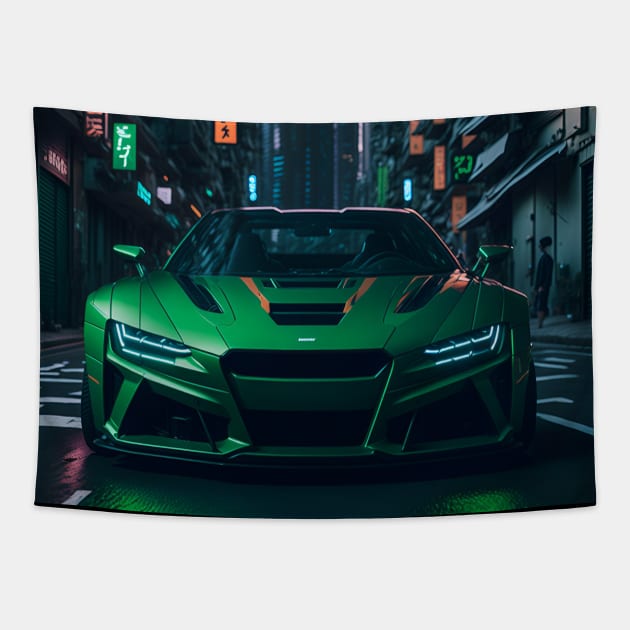 Dark Green Sports Car in Japanese Neon City Tapestry by star trek fanart and more