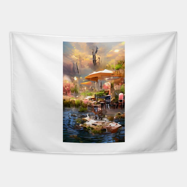 The Coffee Teal ocean Pond | Sunset Pond Cafe Tapestry by PsychicLove