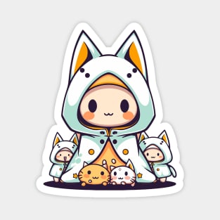 Kawaii Cat Wizard with Kitty Creatures - Cute Anime Art Magnet