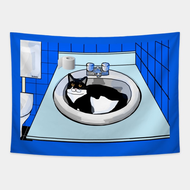 Cute Tuxedo Cat in the bathroom basin  Copyright TeAnne Tapestry by TeAnne