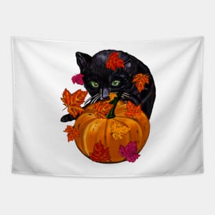 Pumpkin,maple leaf, black cat and falling autumn leaves Tapestry