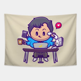 Cute Boy Multitasking Cartoon Tapestry