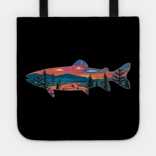 Trout Silhouette Fly Fishing Mountain Sunset River Stream Art Tote